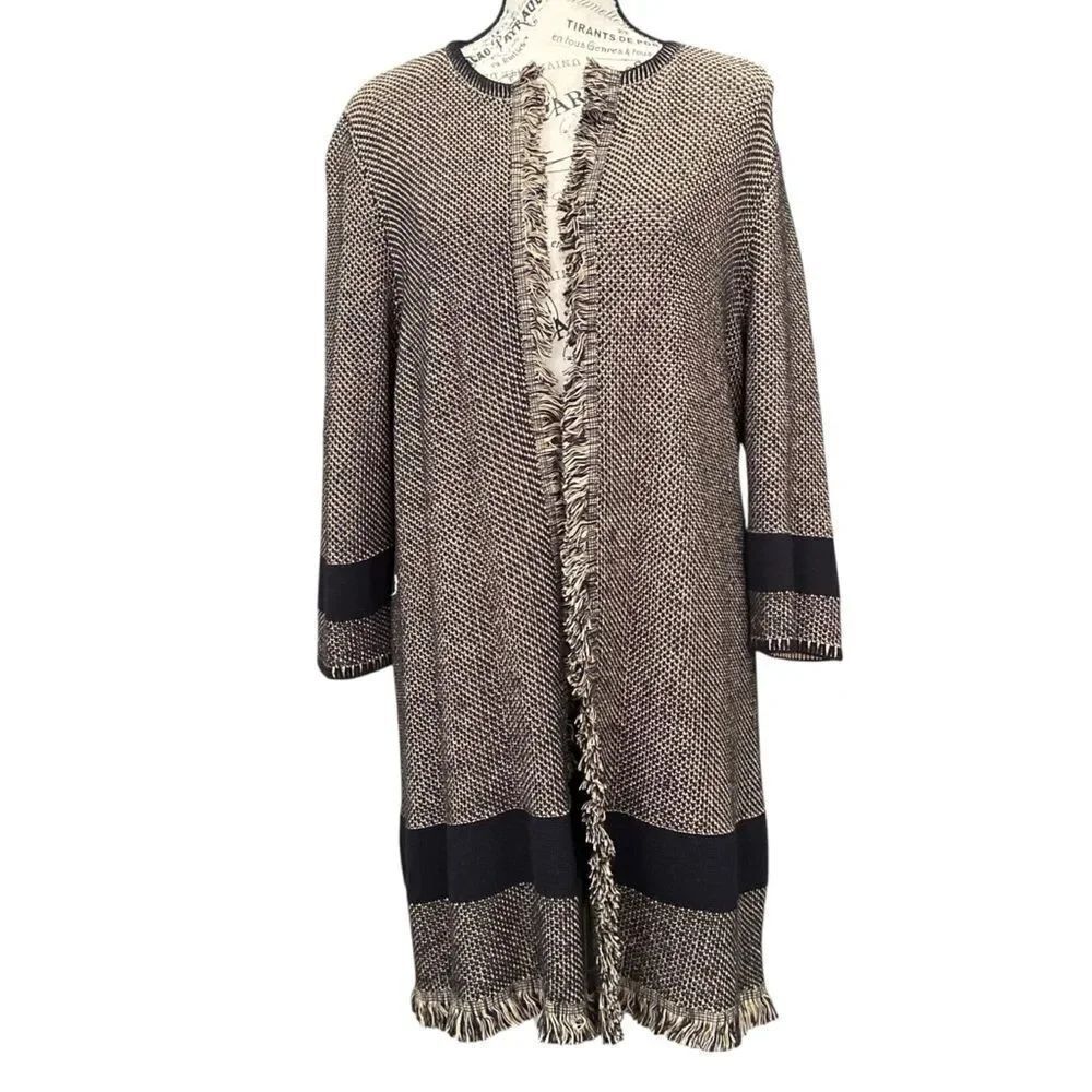 Kasper Open Front Fringe Cardigan in Brown and Black Size 1X